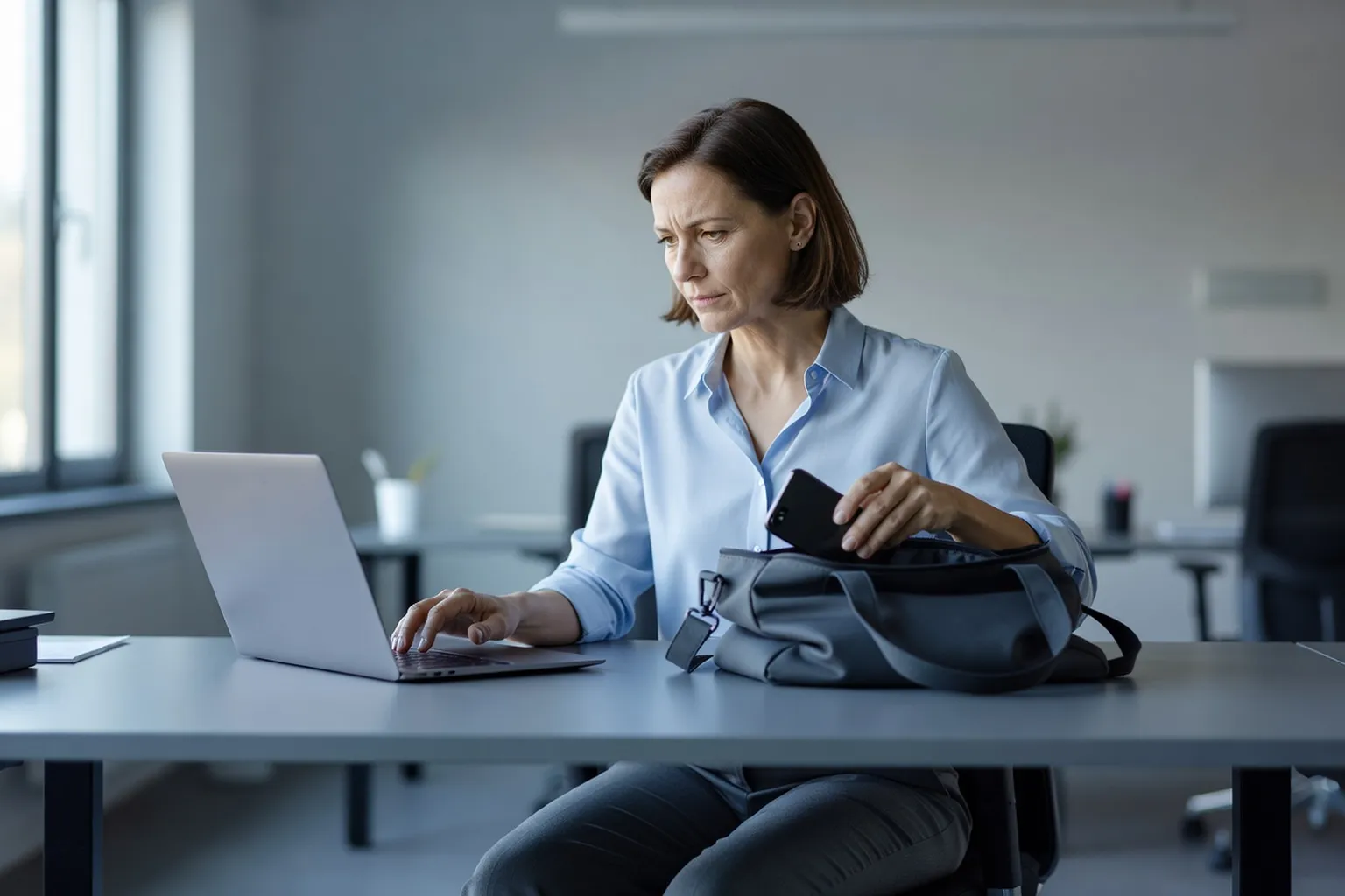 Salariée en fin de journée qui éteint son ordinateur portable et range son téléphone dans son sac avant de quitter le bureau