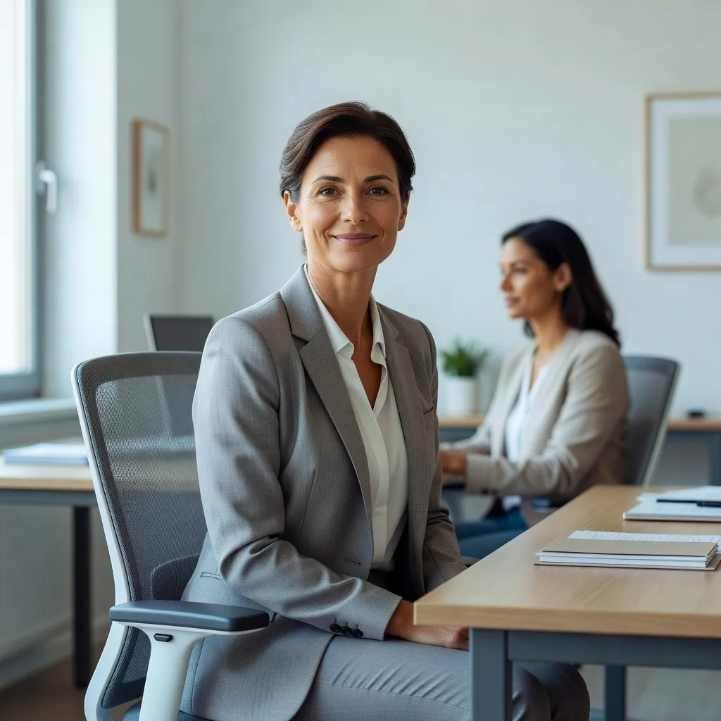 Psychologue du travail échangeant avec une salariée assise dans un espace de travail calme