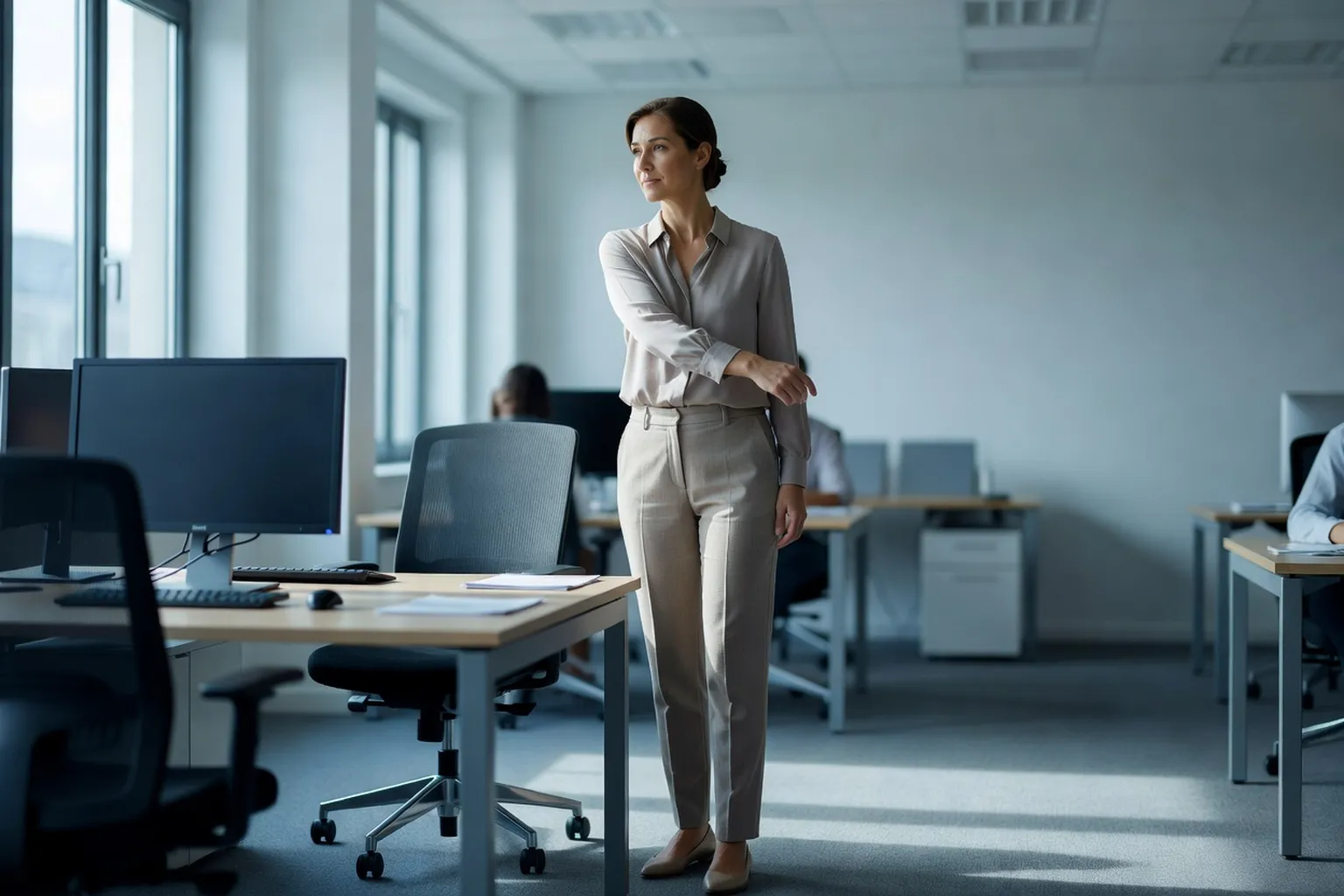 Salariée debout près de son bureau, étirant doucement ses épaules entre deux séquences de travail sur écran